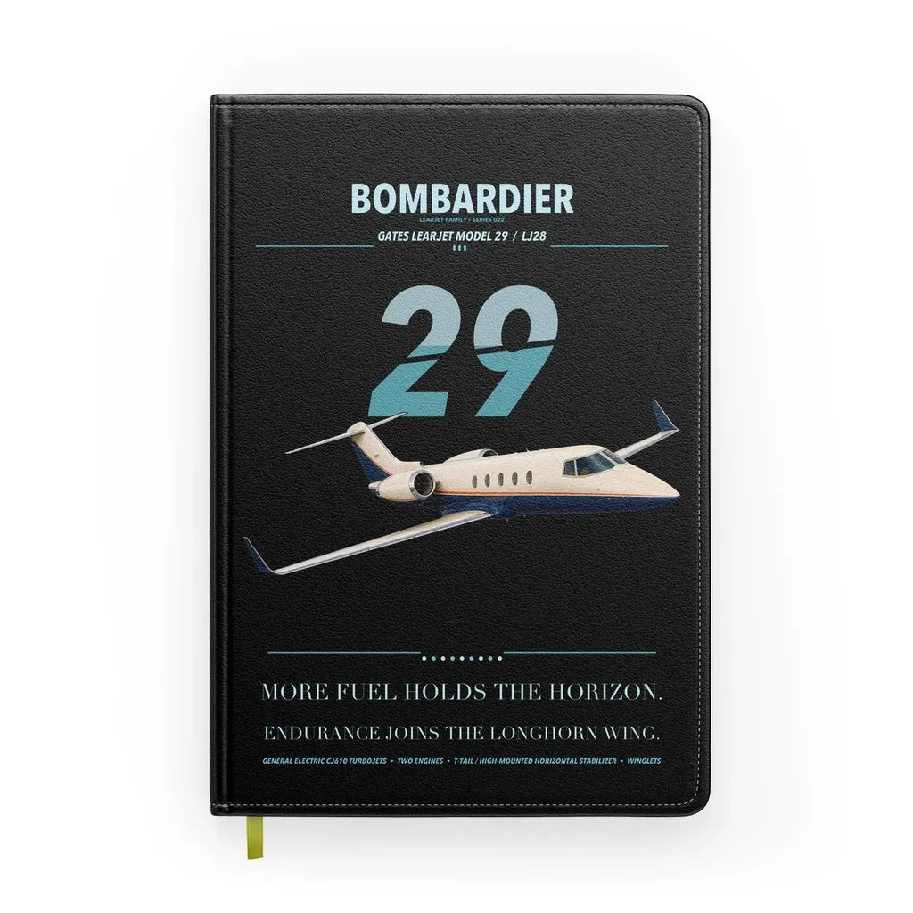 Bombardier Learjet 29 design on black notebook