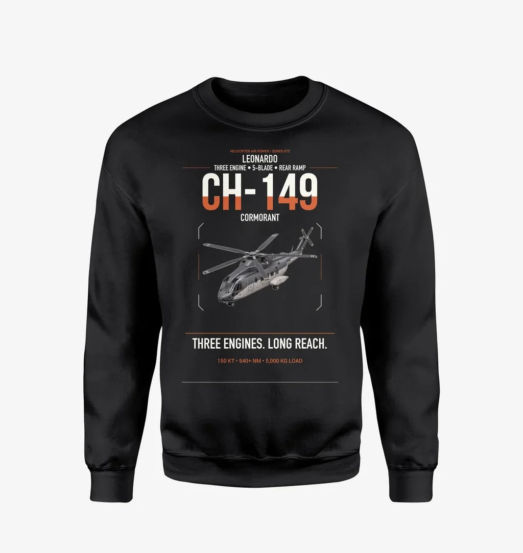 Leonardo CH-149 Cormorant design on black sweatshirt