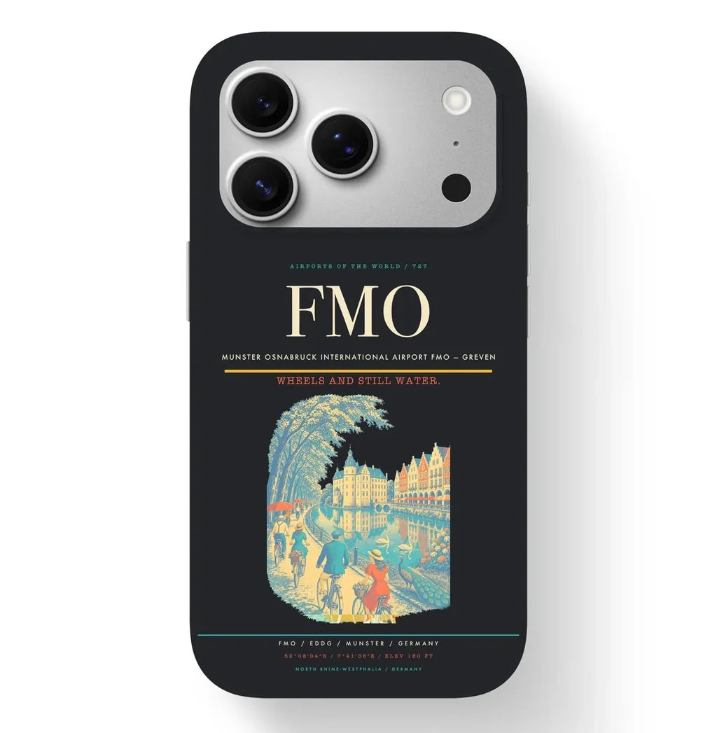 Greven Airport (FMO) design on black iPhone 17 Pro MagSafe case