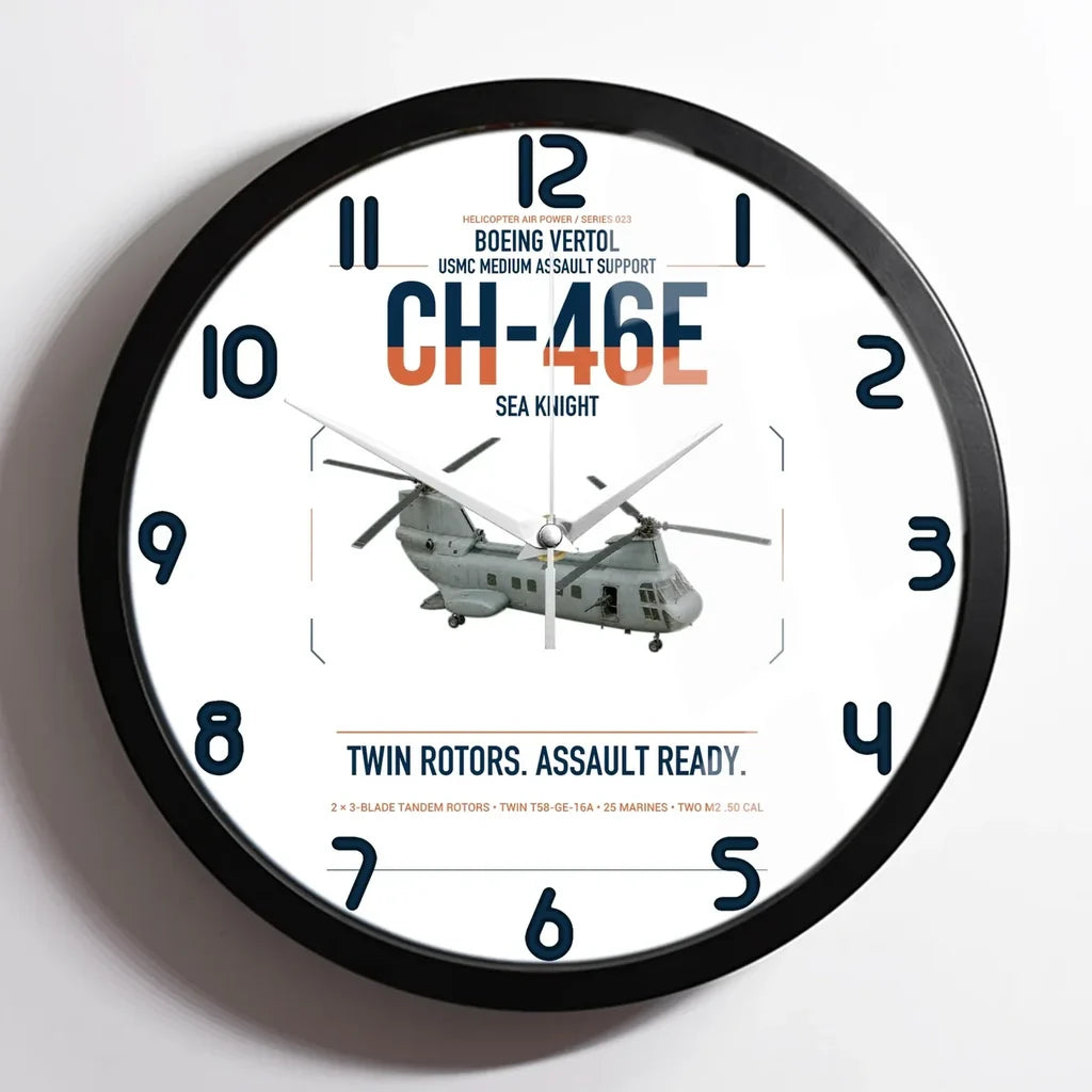 Boeing Vertol CH-46E Sea Knight design on white framed wall clock