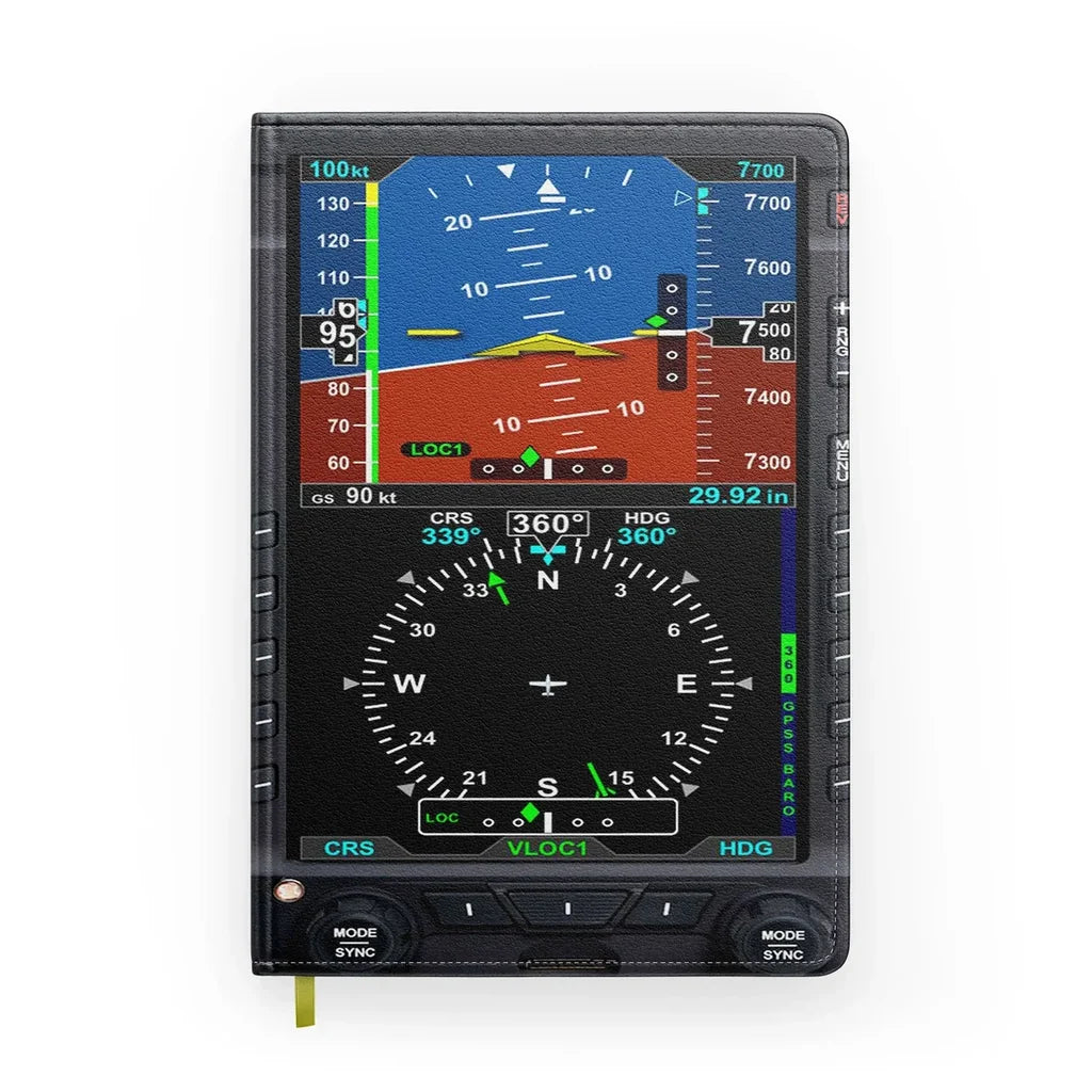 Airplane Primary Flight Display & HSI aviation design on premium hardcover notebook.