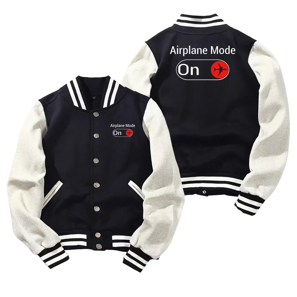 Airplane Mode On Baseball Style aviation design printed on two-tone shell with ribbed cuffs baseball jacket.