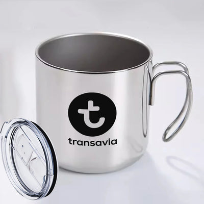 Transavia France Airlines aviation design on portable mug, vacuum-insulated double-wall.