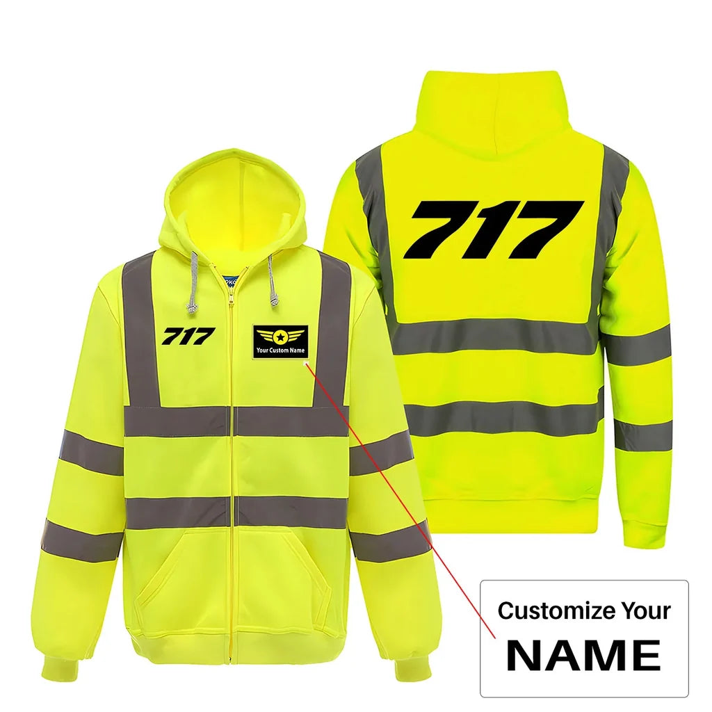 Boeing 717 Flat Text aviation design on cotton blend with reflective panels reflective zipped hoodie.