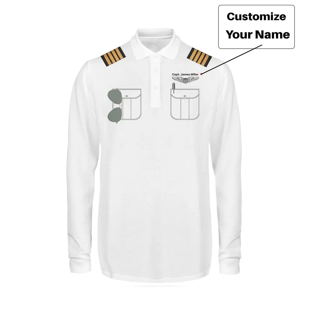 Customizable Pilot Uniform (Badge 1) 3D "LONG Sleeved" Polo aviation design on crisp poplin cotton pilot uniform clothing.