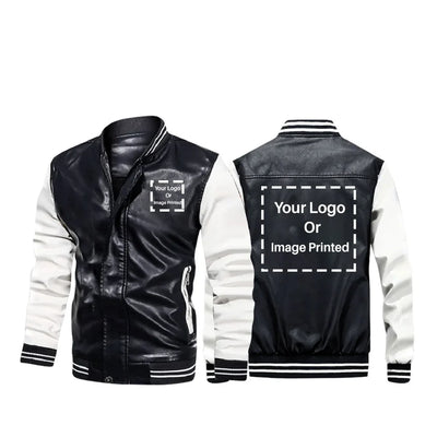 Custom TWO LOGOS aviation design printed on genuine leather with modern tailored fit stylish leather jacket.