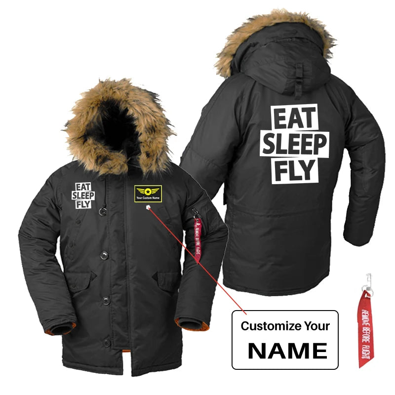 Eat Sleep Fly aviation design printed on heavyweight shell with hooded warmth parka bomber.
