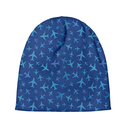 Many Airplanes Blue aviation embroidery on soft knit fabric 3D knit beanie.