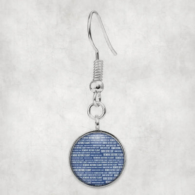 Side view of Remove Before Flight 3Blue aviation earrings in hypoallergenic alloy, polished finish.
