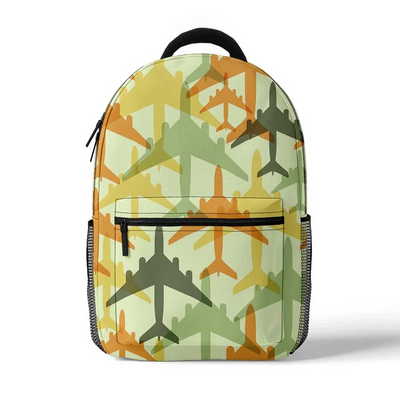 Seamless Colourful Airplanes aviation design backpack, durable polyester construction.