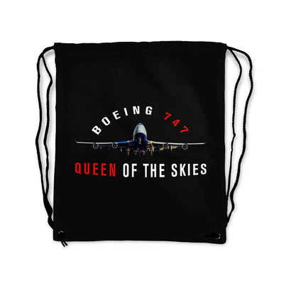 Boeing 747 Queen of the Skies aviation design drawstring bag, lightweight polyester construction.