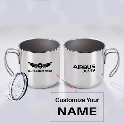 Airbus A319 & Text aviation design on portable mug, vacuum-insulated double-wall.
