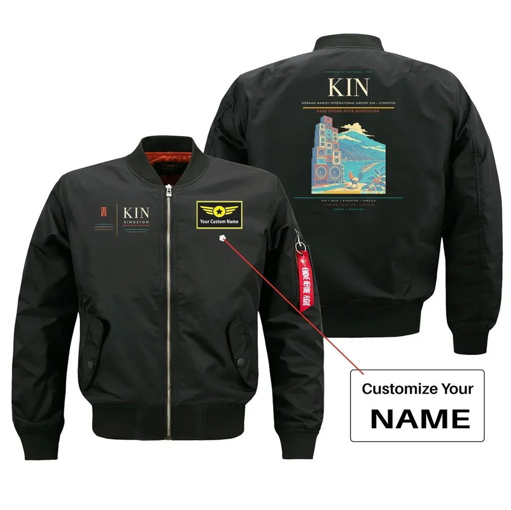 Norman Manley International Airport (KIN) design on black bomber jacket with custom name patch