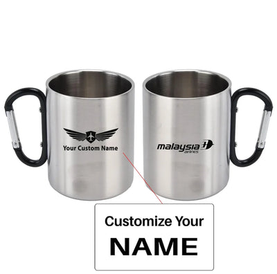 Malaysia Airlines aviation design on outdoor mug, durable insulated construction.