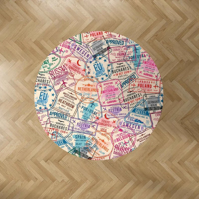 Passport Stamps Carpet & Floor Mats (Round) aviation print round carpet floor mat, durable carpet pile with non-slip backing.