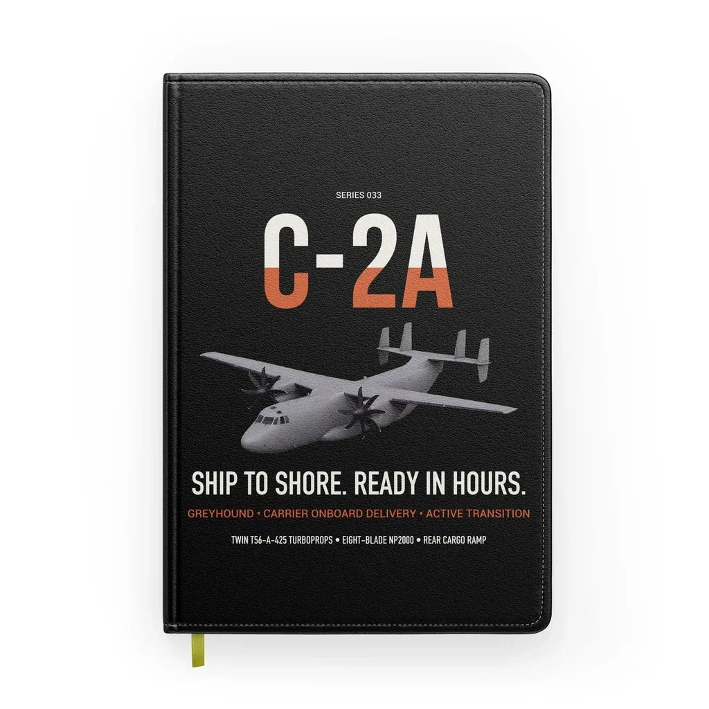 C-2A Greyhound design on black notebook