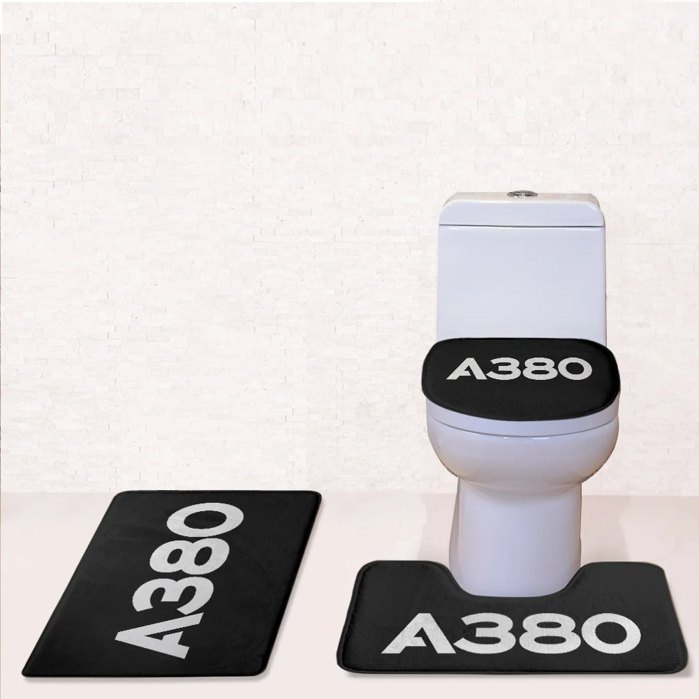 Airbus A380 Flat Text Toilet Seat Cover Three-piece aviation print on soft fabric toilet seat cover set.