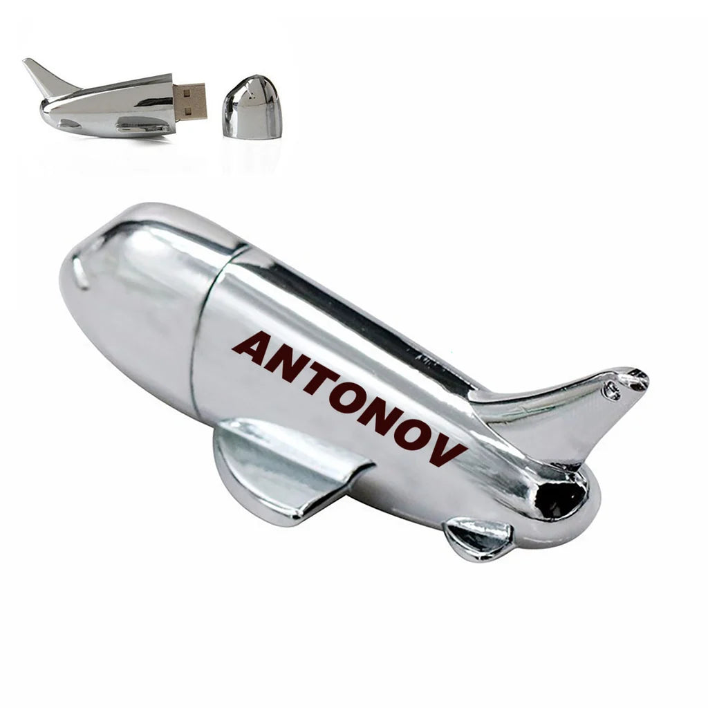 Antonov & Text aviation design on durable metal casing airplane-shape USB drive.