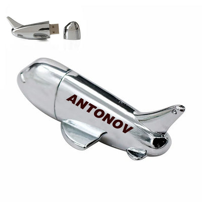 Antonov & Text aviation design on durable metal casing airplane-shape USB drive.