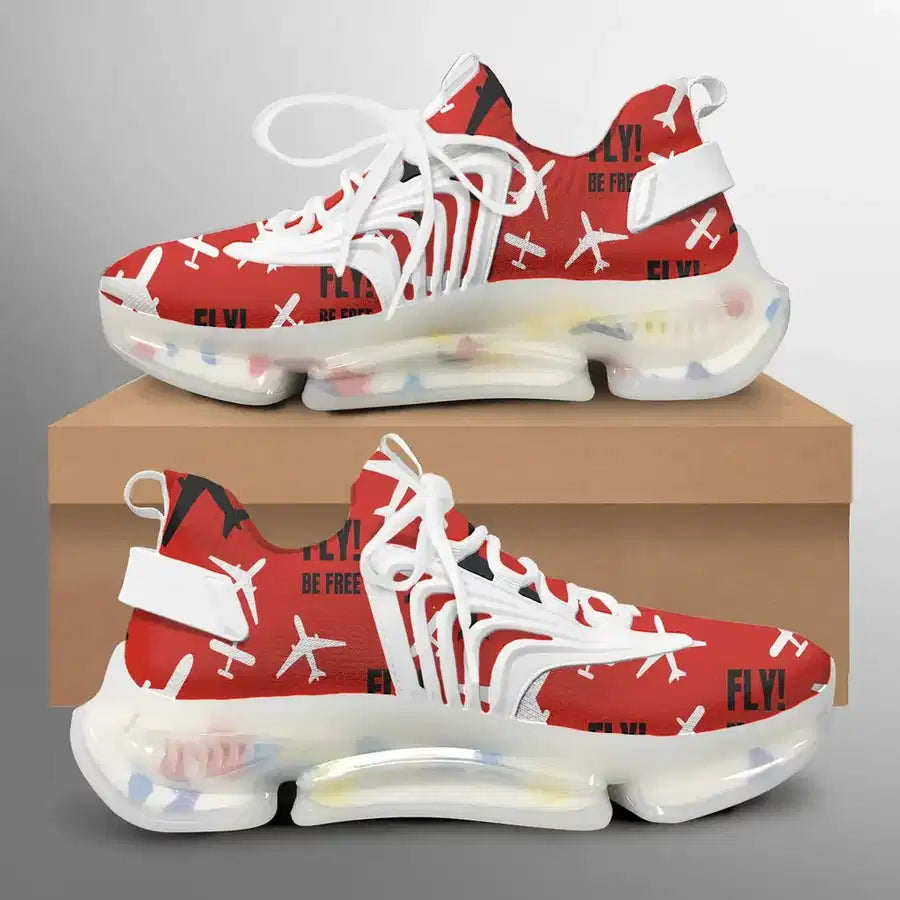 Fly Be Free Red aviation design on breathable mesh upper fashion running shoes.