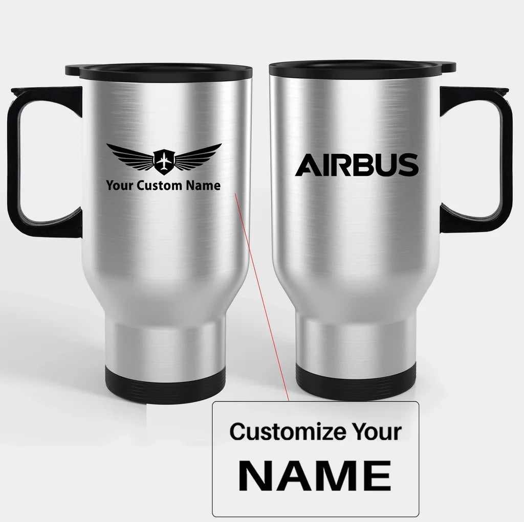 Airbus & Text Travel Mugs (With Holder) aviation design on travel mug with holder, insulated double-wall with car-cup base.