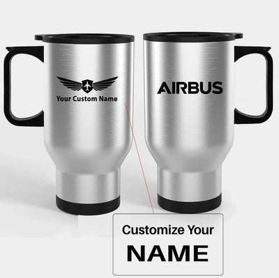 Airbus & Text Travel Mugs (With Holder) aviation design on travel mug with holder, insulated double-wall with car-cup base.