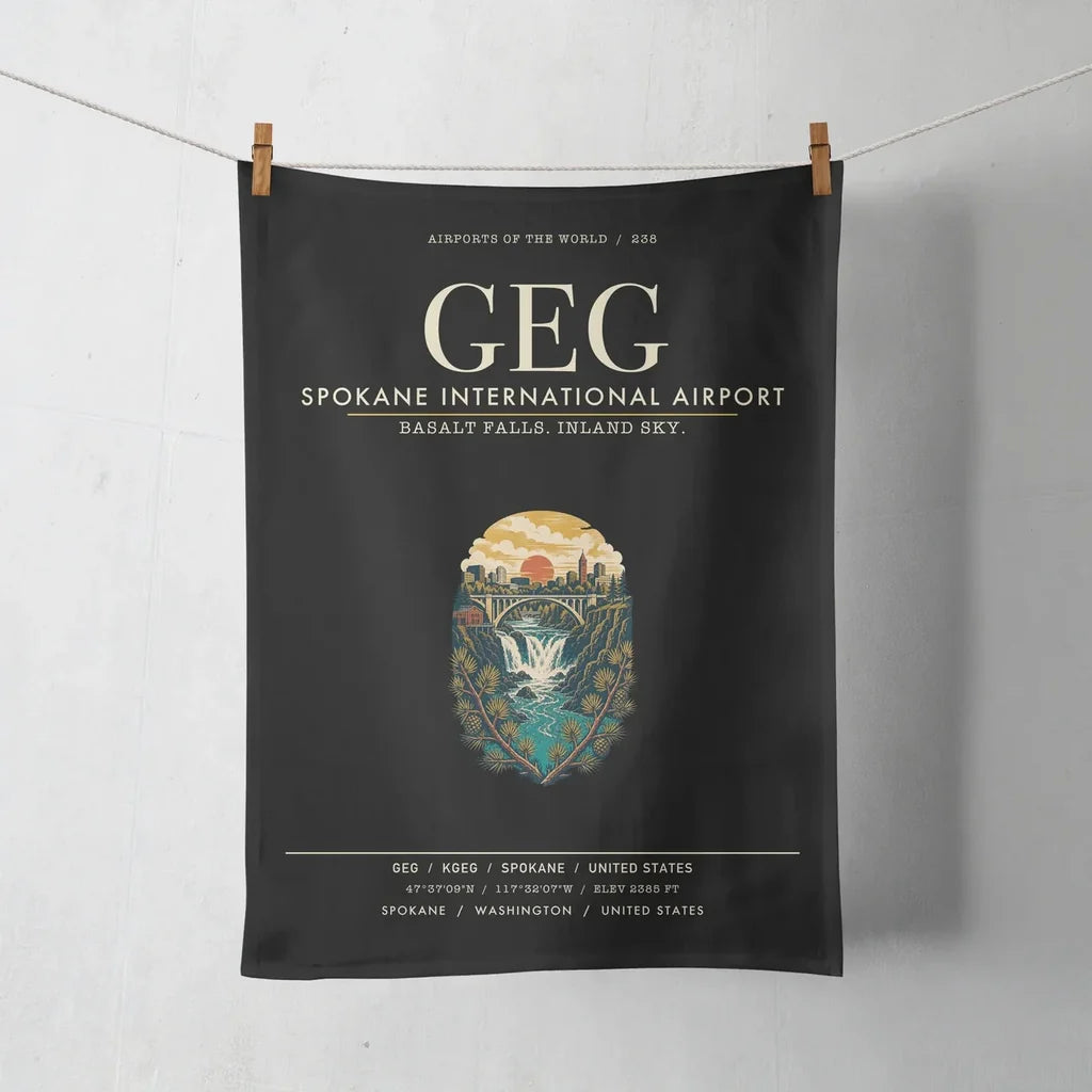 Spokane International Airport (GEG) design on black towel
