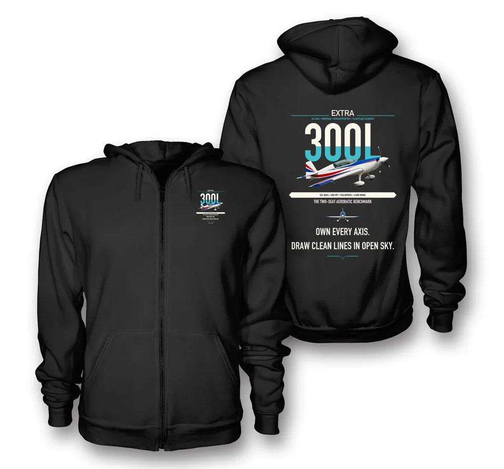Extra 300L design on black premium zipped hoodie, double-side print