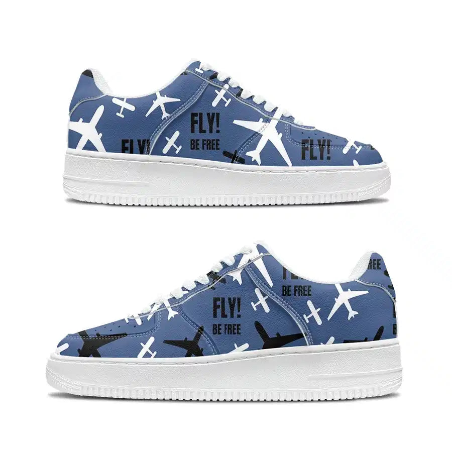 Fly Be Free Blue aviation design on breathable mesh upper low-top sport sneakers.