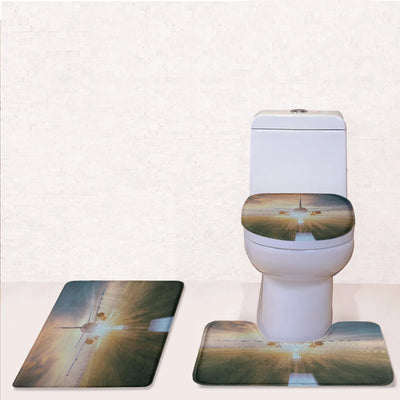 Airplane Flying Over Runway Toilet Seat Cover Three-piece aviation print on soft fabric toilet seat cover set.