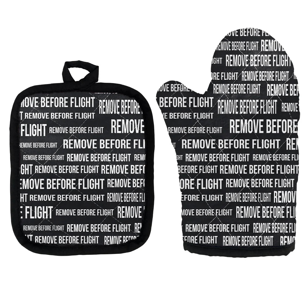 Remove Before Flight 3-Black Kitchen Glove & Holder aviation design on durable fabric with insulated lining kitchen glove holder.