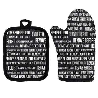 Remove Before Flight 3-Black Kitchen Glove & Holder aviation design on durable fabric with insulated lining kitchen glove holder.