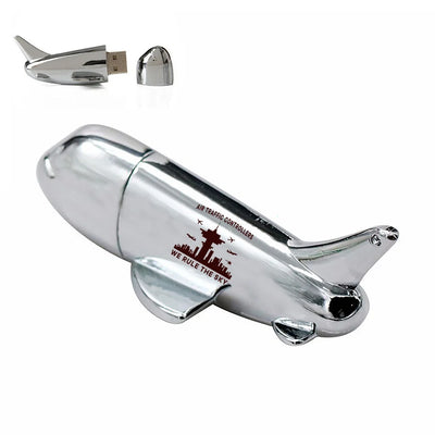 Air Traffic Controllers - We Rule The Sky aviation design on durable metal casing airplane-shape USB drive.