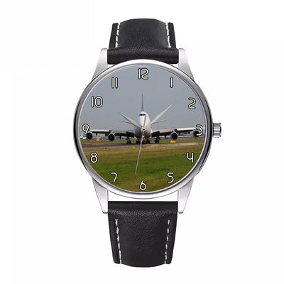 Face to Face with Boeing 747 aviation watch with leather strap, leather strap body with engraved detail.