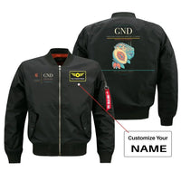 Thumbnail for Maurice Bishop International Airport (GND) design on black bomber jacket with custom name patch