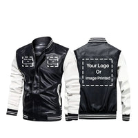 Thumbnail for Custom THREE LOGOS aviation design printed on genuine leather with modern tailored fit stylish leather jacket.