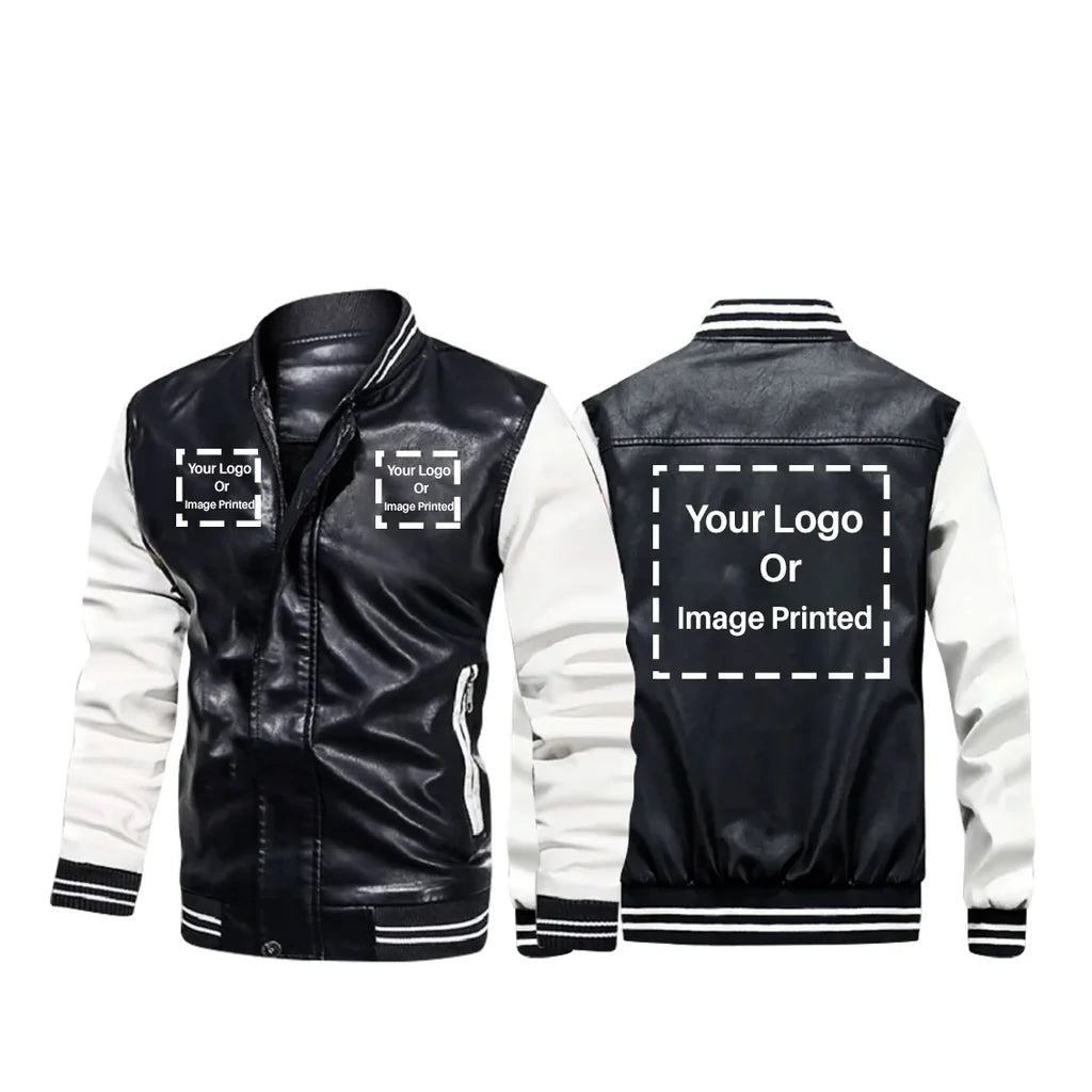 Custom THREE LOGOS aviation design printed on genuine leather with modern tailored fit stylish leather jacket.