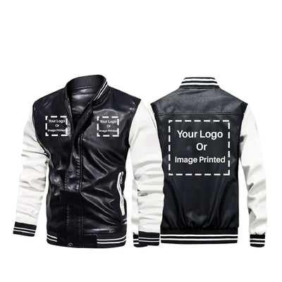 Custom THREE LOGOS aviation design printed on genuine leather with modern tailored fit stylish leather jacket.