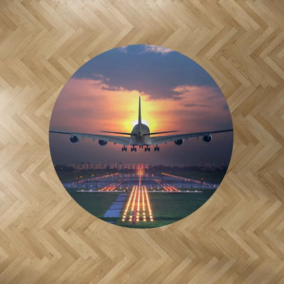 Super Airbus A380 Landing During Sunset Carpet & Floor Mats (Round) aviation print round carpet floor mat, durable carpet pil.