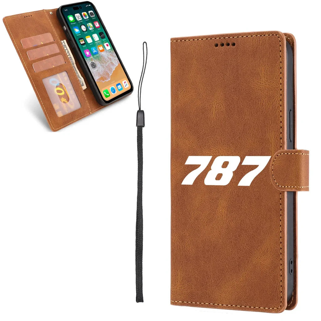 Boeing 787 Flat Text aviation print leather phone case, fits phone.