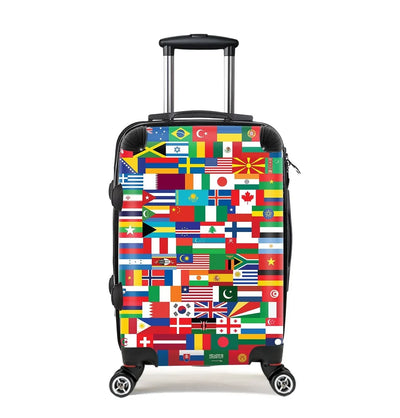 World Flags Cabin Size aviation design luggage, durable shell construction.