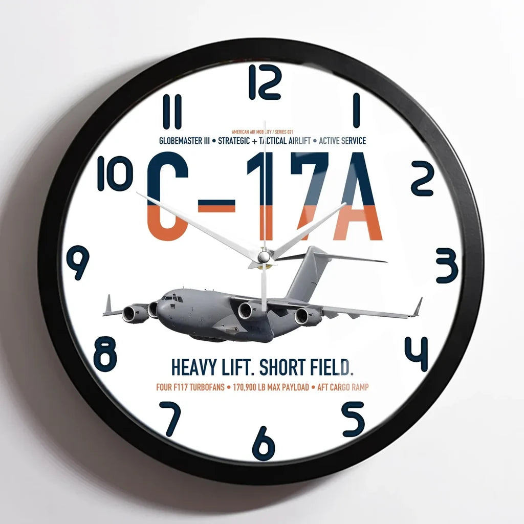 C-17A Globemaster III design on white framed wall clock