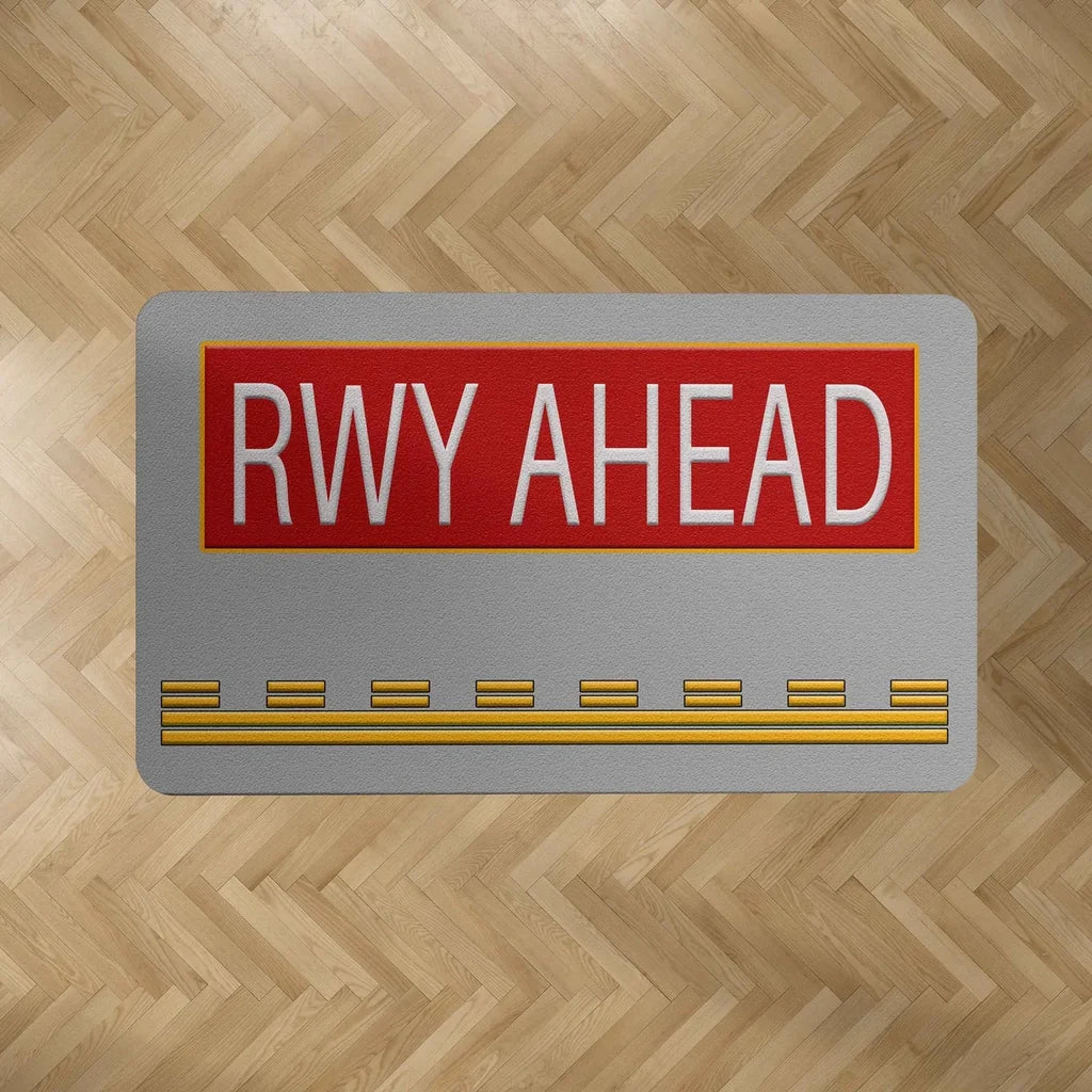 Runway Ahead aviation print rectangle carpet floor mat, durable carpet pile with non-slip backing.