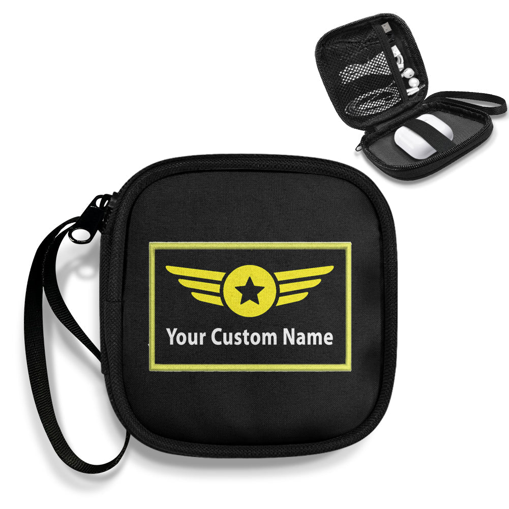 Custom Name (Special Badge) Portable aviation design portable headphone bag, padded polyester construction.