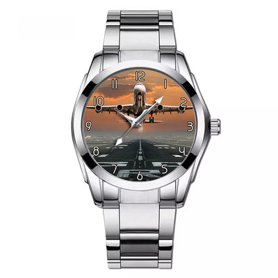 Aircraft Departing from RW30 aviation watch with stainless steel band, stainless steel body with engraved detail.
