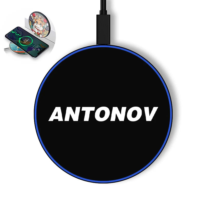 Antonov & Text aviation design on durable build wireless charger.