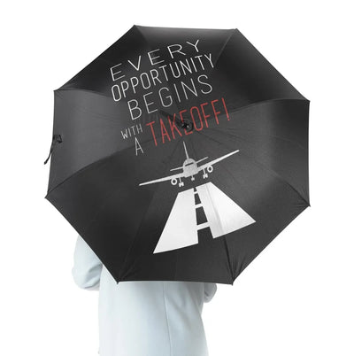 Every Opportunity aviation design on windproof polyester umbrella.