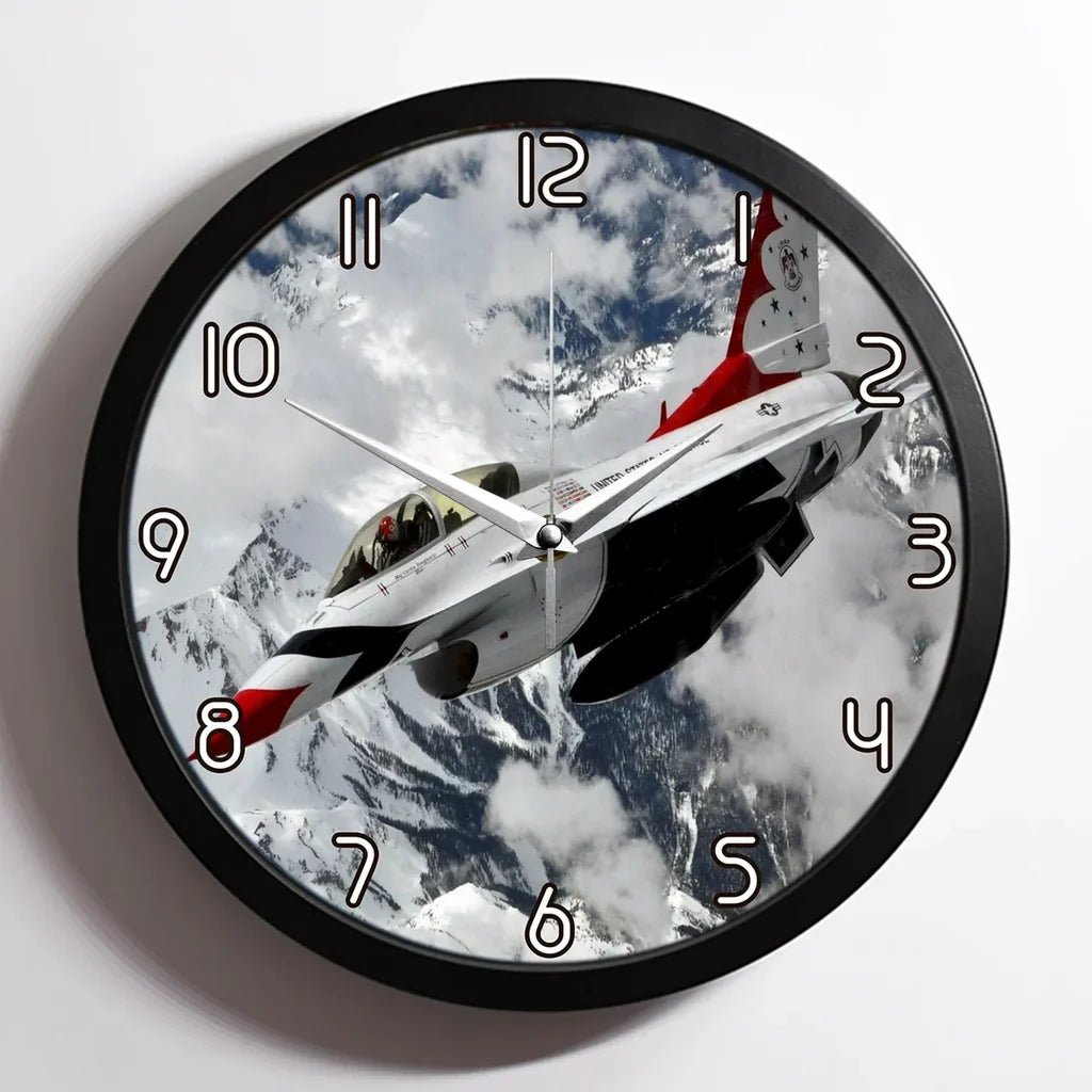 US AirForce Show Fighter Jet 16 aviation design on premium wood and metal wall clock.