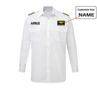 Thumbnail for Airbus & Text aviation design printed on crisp poplin cotton long-sleeve pilot shirt.