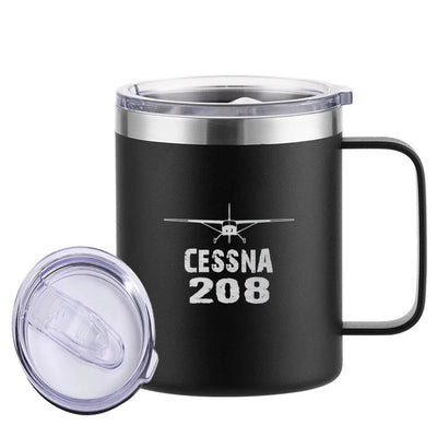 Cessna 208 & Plane aviation design on laser-engraved mug, permanent laser engraving on stainless.